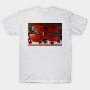 Violin On Piano Keys With Rose Petals T-Shirt